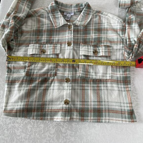 Just Polly Fleece Shirt Women's Cropped XL Plaid Button Up Long Sleeve - Picture 6 of 7